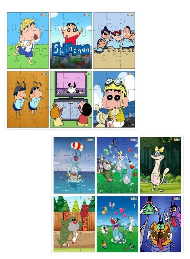 TodFod Wooden Jigsaw Puzzles 54 Pieces 6 in 1, Anime Cartoon Characters Educational Toy for Age 3+ Kids & Children Preschool Learning (Set of 2) (Shinchan & Oggy) - Image 1